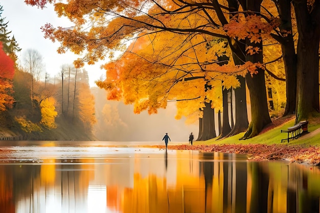 Ein Mann geht im Herbst an einem Fluss entlang.