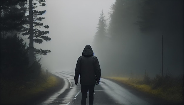 Ein Mann geht im Nebel von hinten die Straße entlang