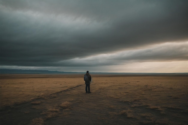 Ein Mann geht in der Steppe mit einem bewölkten Himmel im Hintergrund