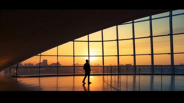 Ein Mann geht in ein Bürogebäude mit einem Sonnenuntergang im Hintergrund.