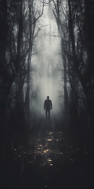Ein Mann geht in einem dunklen Wald spazieren, während ein Licht durch die Bäume scheint.