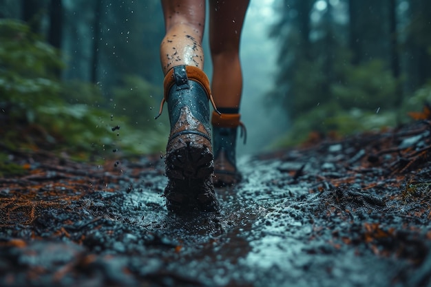 Ein Mann geht in regnerischem Wetter durch den Schlamm mitten im Dschungel