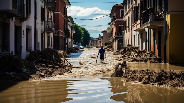 ein Mann geht mit einem Besen eine überflutete Straße entlang