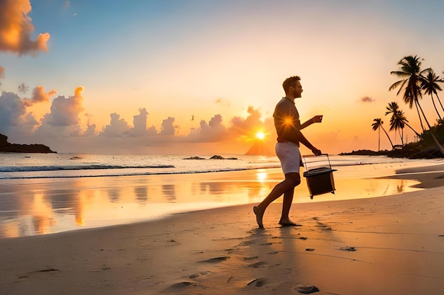 Ein Mann geht mit einem Eimer in der Hand am Strand entlang.