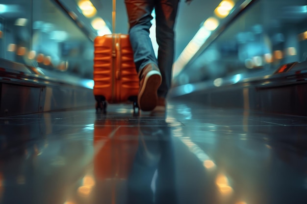 Ein Mann geht mit einem Koffer in einem belebten Flughafen