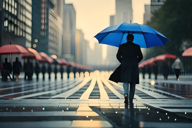 Ein Mann geht mit einem Regenschirm im Regen eine verregnete Straße entlang.