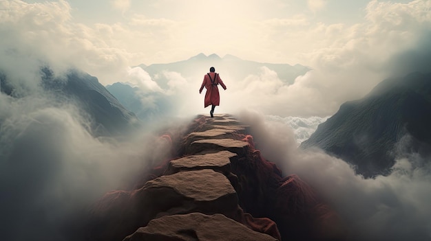 Ein Mann geht mit einem roten Gewand auf dem Rücken einen Berg hinauf.