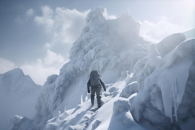 Ein Mann geht mit einem Rucksack einen schneebedeckten Berg hinauf.