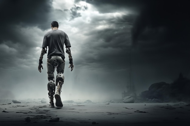 Ein Mann geht mit prosthetischen Beinen, die angepasst und mit ertifikativen Intelligenzmechanismen ausgestattet sind