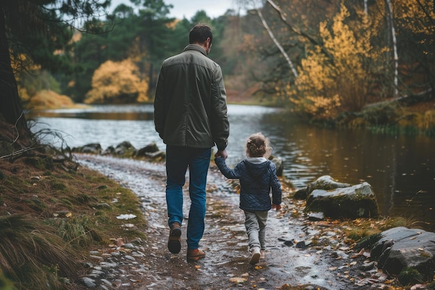 Foto ein mann geht mit seiner tochter am fluss spazieren