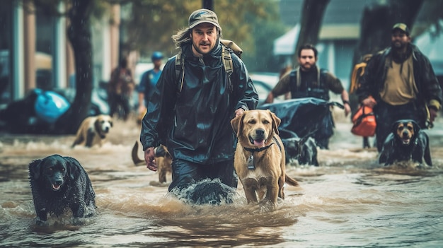 Ein Mann geht mit zwei Hunden durch eine überflutete Straße. Generatives KI-Bild