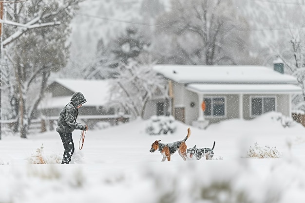 Ein Mann geht mit zwei Hunden im Schnee spazieren