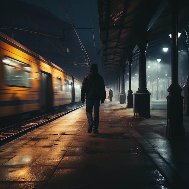 Ein Mann geht nachts allein auf einer Bahnhofsplattform
