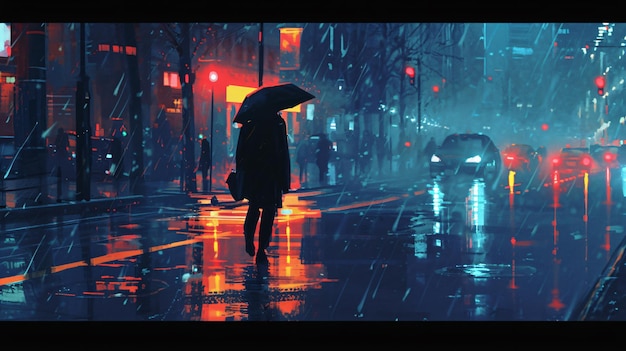 Ein Mann geht nachts auf der nassen Straße.