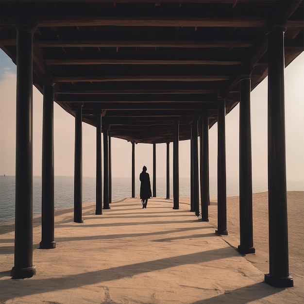 ein Mann geht unter einem Pier mit einem Mann, der auf dem Sand geht.