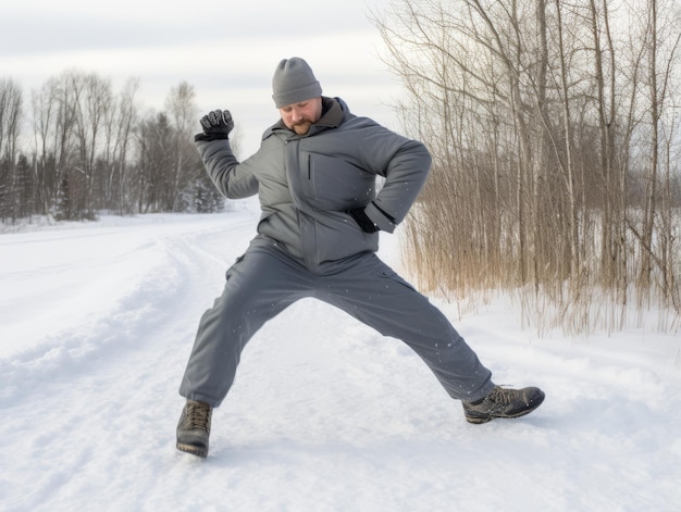 Ein Mann genießt den winterlichen schneebedeckten Tag in einer spielerischen Pose