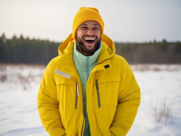 Ein Mann genießt den winterlichen schneebedeckten Tag in einer spielerischen Pose