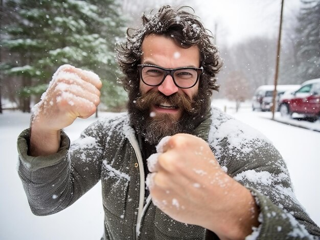 Foto ein mann genießt den winterlichen schneebedeckten tag in einer spielerischen pose