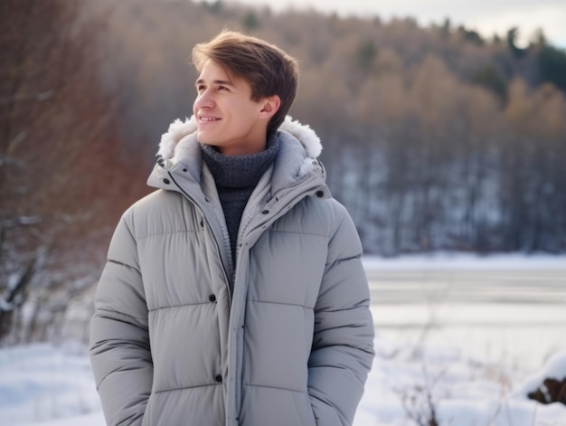 Ein Mann genießt den winterlichen schneebedeckten Tag in einer spielerischen Pose