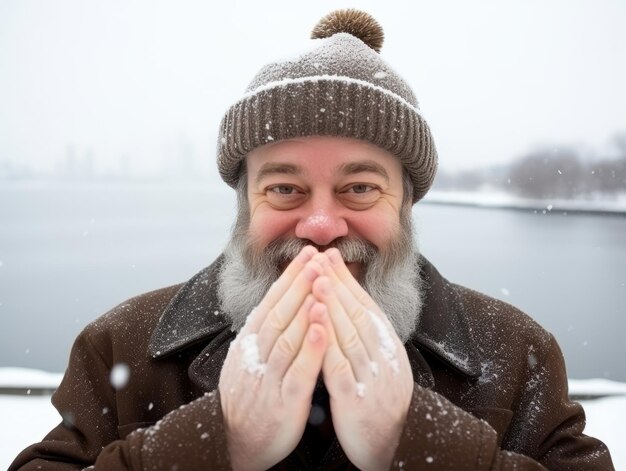 Foto ein mann genießt den winterlichen schneebedeckten tag in einer spielerischen pose