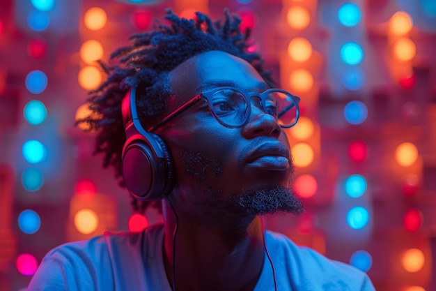 Ein Mann genießt Musik mit Kopfhörern vor einem lebendigen Hintergrund