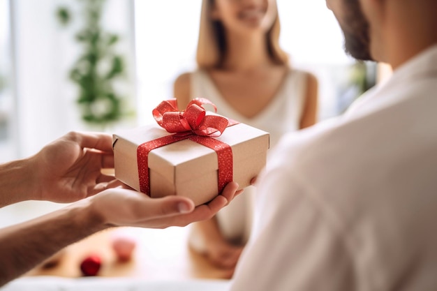 Ein Mann gibt einer Frau eine Schachtel mit einem Geschenk, Detail Ai generiert