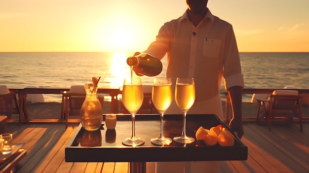 Ein Mann gießt Champagner in ein Tablett am Strand.