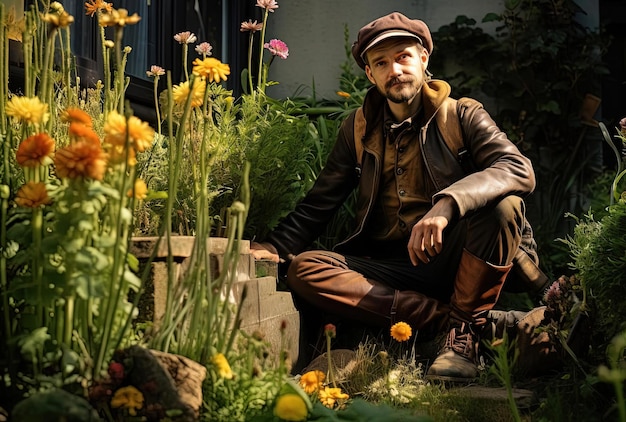Ein Mann grast in einem sonnigen Garten neben einigen Büschen und Blumen im Stil industrieller Themen