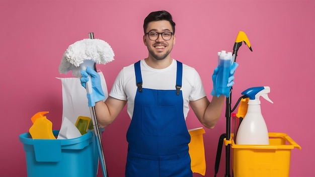 Ein Mann greift mit Reinigungsgeräten um das Gesicht, umgeben von Geräten, die zum Aufräumen des Raumes notwendig sind