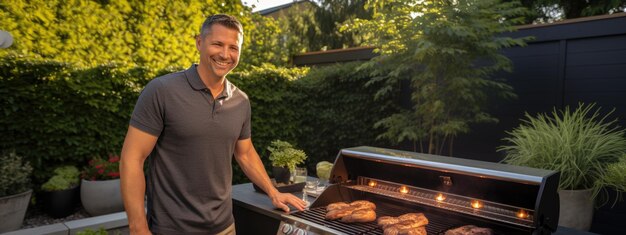 Foto ein mann grillt essen im hinterhof eines hauses