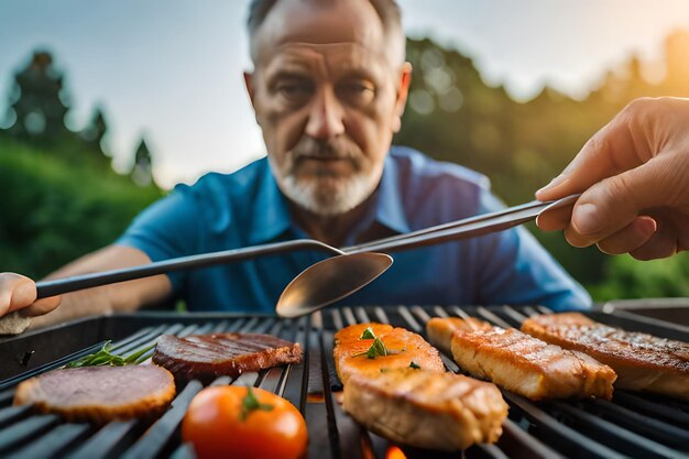 Foto ein mann grillt fleisch auf einem barbecue-grill mit messer und gabel.