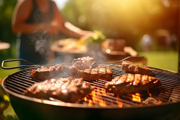 Ein Mann grillt Fleisch auf einem Grill, die Sonne im Rücken.