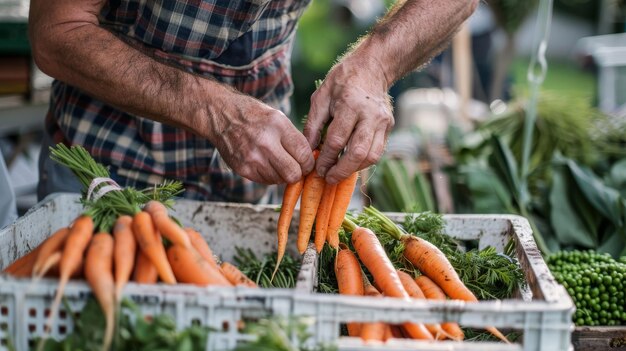 Ein Mann hält auf einem geschäftigen Bauernmarkt freudig einen bunten Karottenstrauß in der Hand