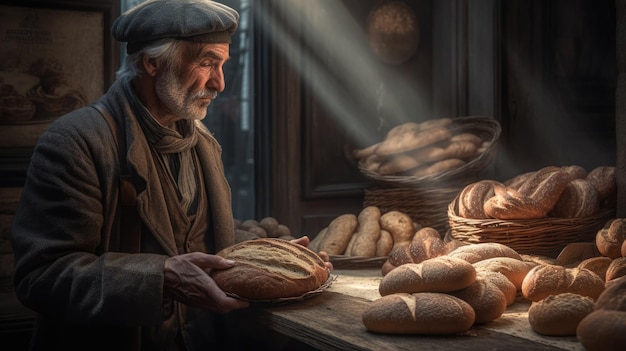 Ein Mann hält Brot und Brötchen vor einer Bäckerei Generative AI AIG21