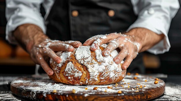 Foto ein mann hält ein brot mit mehl drauf