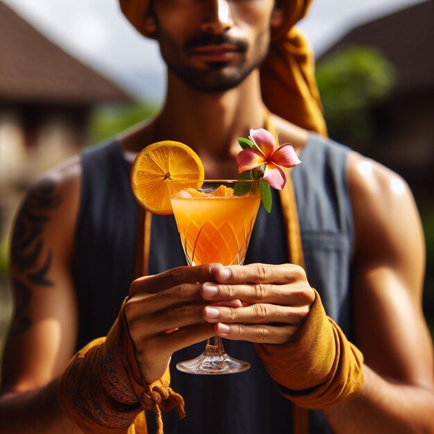 Foto ein mann hält ein glas orange-cocktail, das mit blumen garniert ist