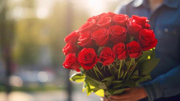 Ein Mann hält ein großes Bouquet an reizvollen roten Rosen im Tageslicht gegen einen Außenstraßen-Hintergrund