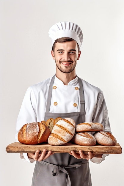 Ein Mann hält ein Holztablett mit Brot.