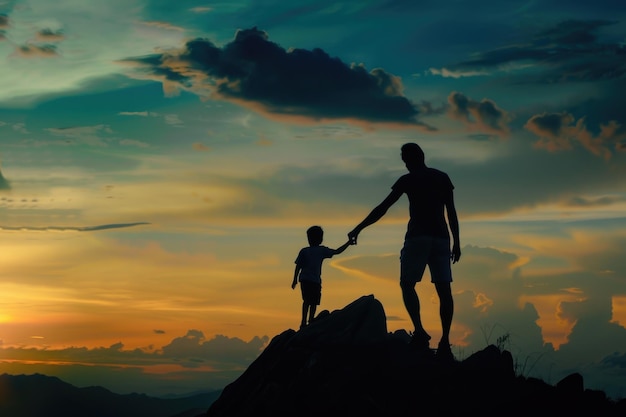 Ein Mann hält ein Kind an der Hand auf einem Berggipfel, was Führung, Schutz und Abenteuer symbolisiert