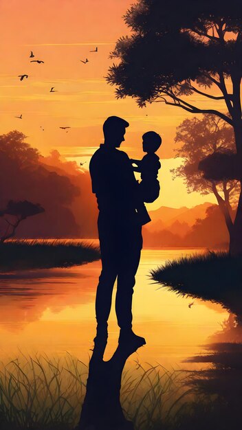 Ein Mann hält ein Kind bei Sonnenuntergang mit Bäumen im Hintergrund