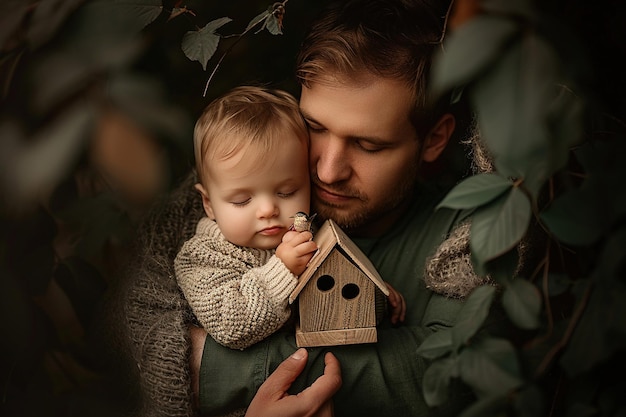 Ein Mann hält ein kleines Vogelhaus in seinen Armen, während ein Baby schläft
