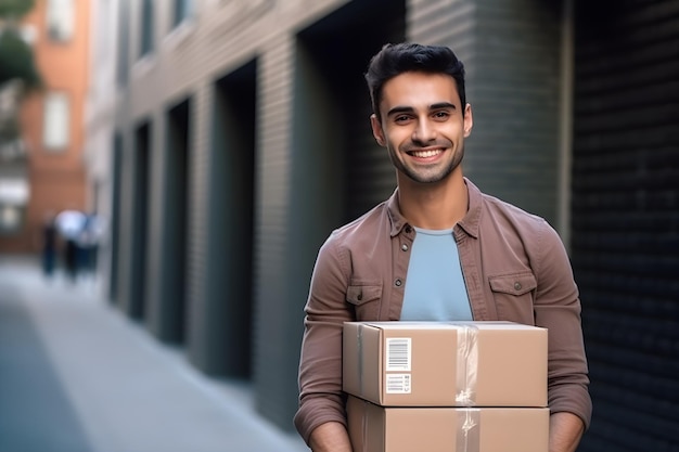 Ein Mann hält ein Paket mit der Aufschrift „Hauszustellung“ auf der Vorderseite.