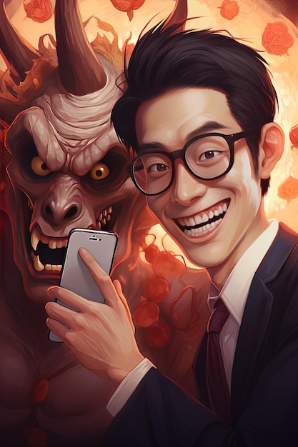 ein Mann hält ein Telefon und ein Monster schaut auf sein Telefon