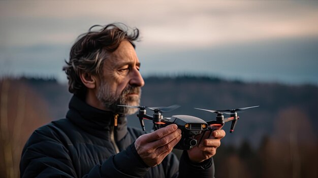 Foto ein mann hält eine drohne in der hand