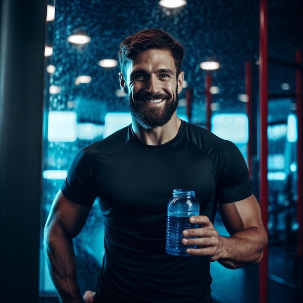 Ein Mann hält eine Flasche Wasser in einem Fitnessstudio.