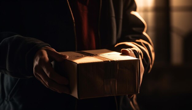 Ein Mann hält eine Geschenkbox in der Hand, die freudig von KI generiert wird