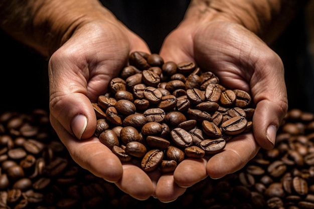 Ein Mann hält eine Handvoll Kaffeebohnen und hält sie mit den Händen.