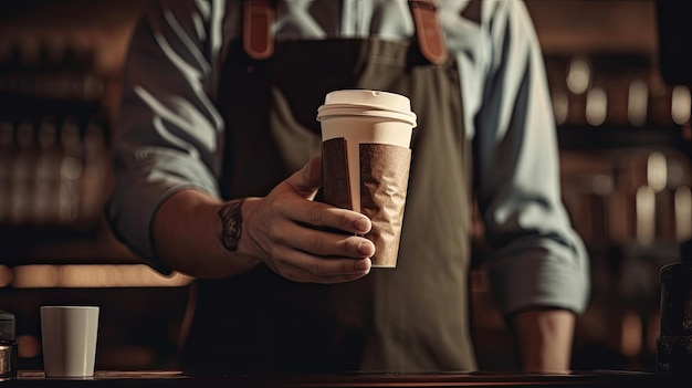 Ein Mann hält eine Kaffeetasse vor einer Theke