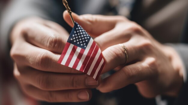 Ein Mann hält eine kleine amerikanische Flagge in seinen Händen.