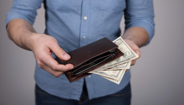Ein Mann hält eine offene Brieftasche mit Geld in den Händen und nimmt mit den Händen Scheine aus seiner Briechtasche.